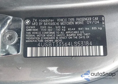 2004 BMW Z4 2.5I from USA, damaged, VIN 4USBT33564LS53184